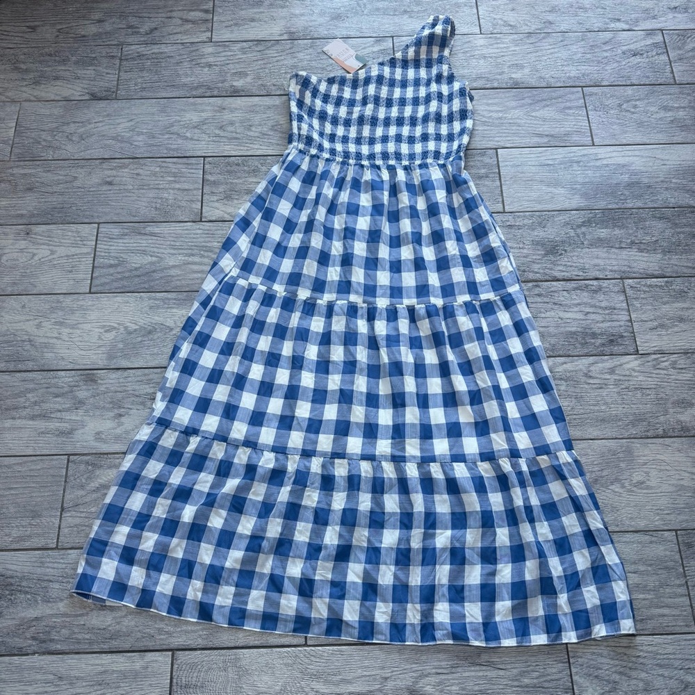 WOMENS LARGE MAXI SUNDRESS‎ GINGHAM BLUE ONE SHOULDER ROUCH TIERED COTTAGE NEW